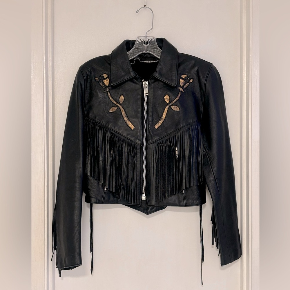 Vtg Leather Jacket with Fringe and Snakeskin Roses Design